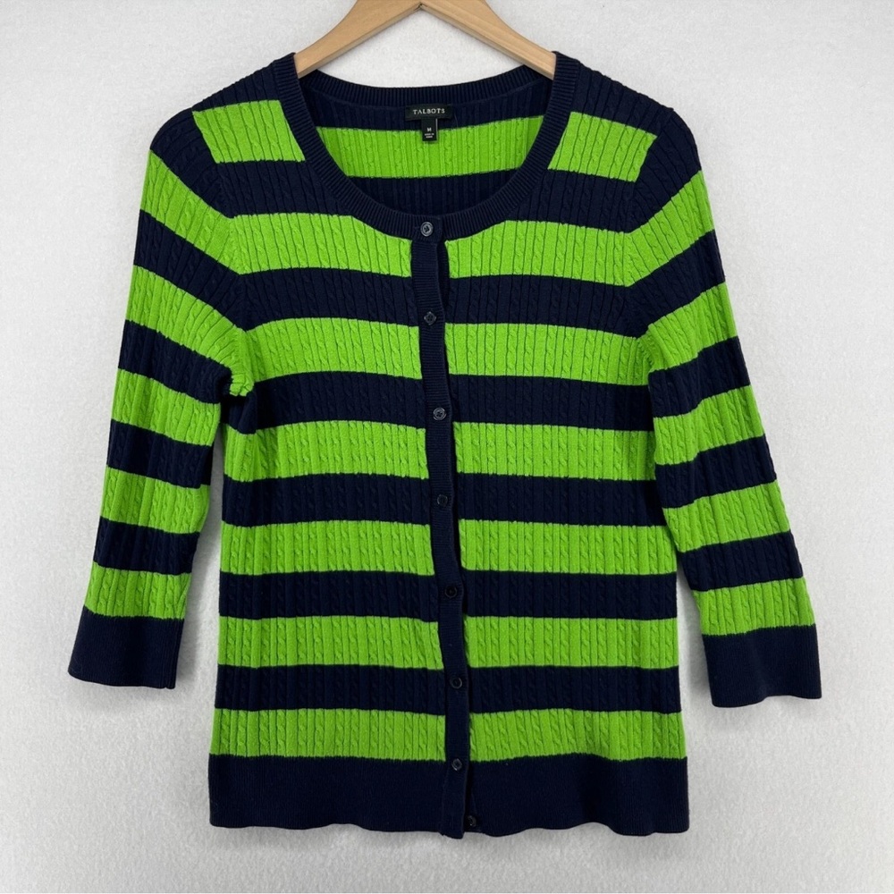 Talbots Green and Navy Striped Cardigan 100% Cotton.  Machine Washable.